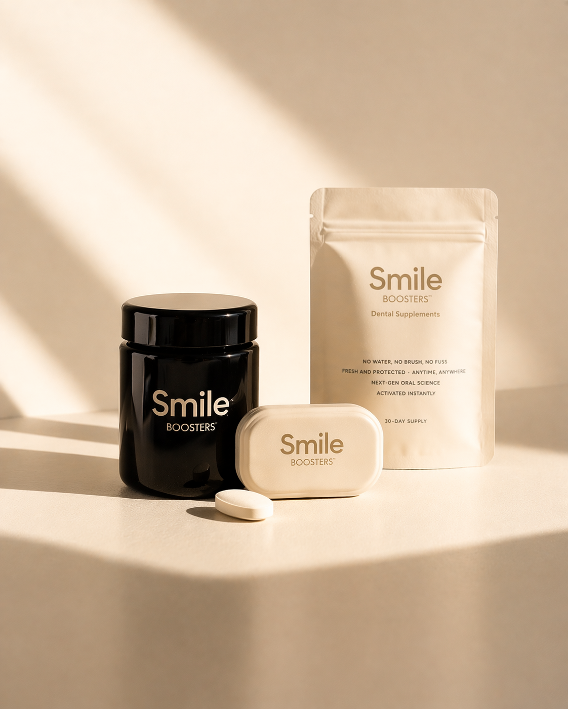 Smile Boosters skincare products including a jar, soap, and pouch on a light background