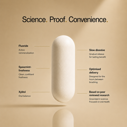 Product with text highlighting science, proof, and convenience on a beige background